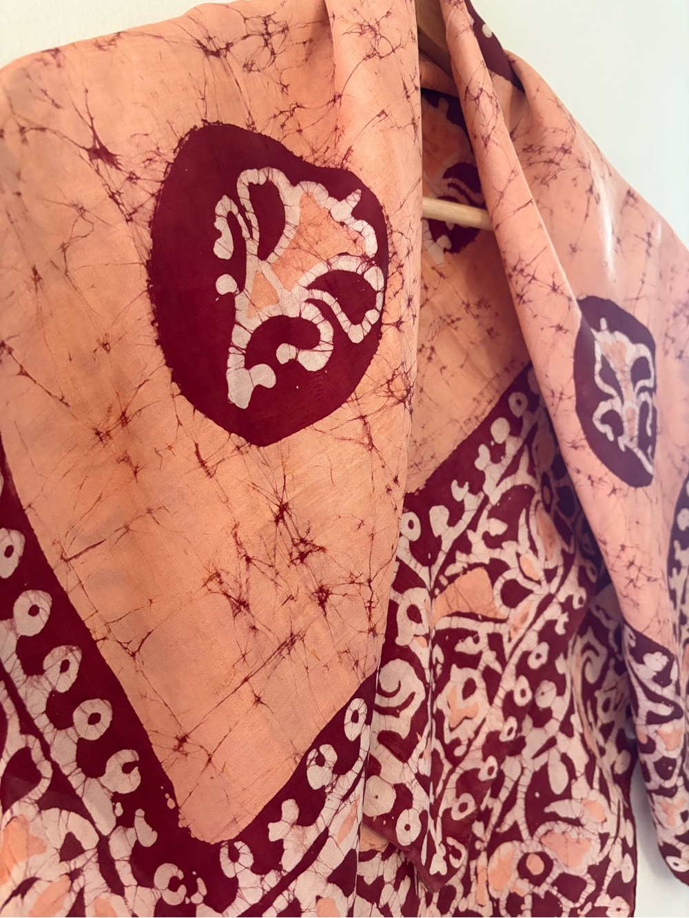 Vintage Batik Scarf Peachy Pink & Burgundy Square